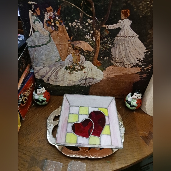 Handmade Stained glass heart ❤️💖 Candy 🍬 Dish Pink/Yellow and Red🥣Nice!🏘🎁 - Picture 3 of 11